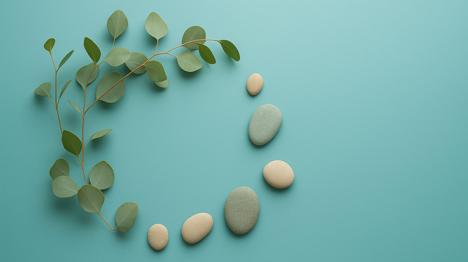 Natur Praxislogo Osteo & Cranio Zweige mit grünen Blättern und runde Steine auf blauem Hintergrund im Kreis angeordnet wie das Logo der Praxis